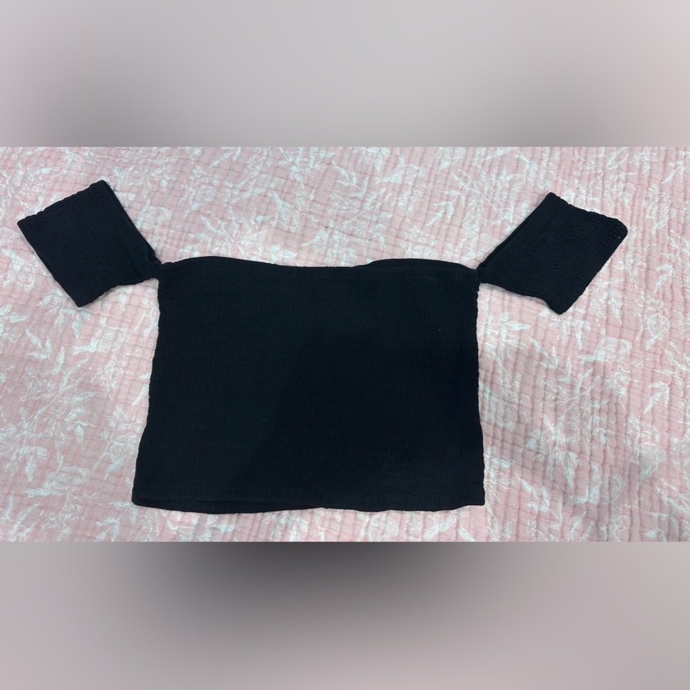 Better Be Black Smocked Boho Top with Sleeves | Off-Shoulder Stretch Crop Top